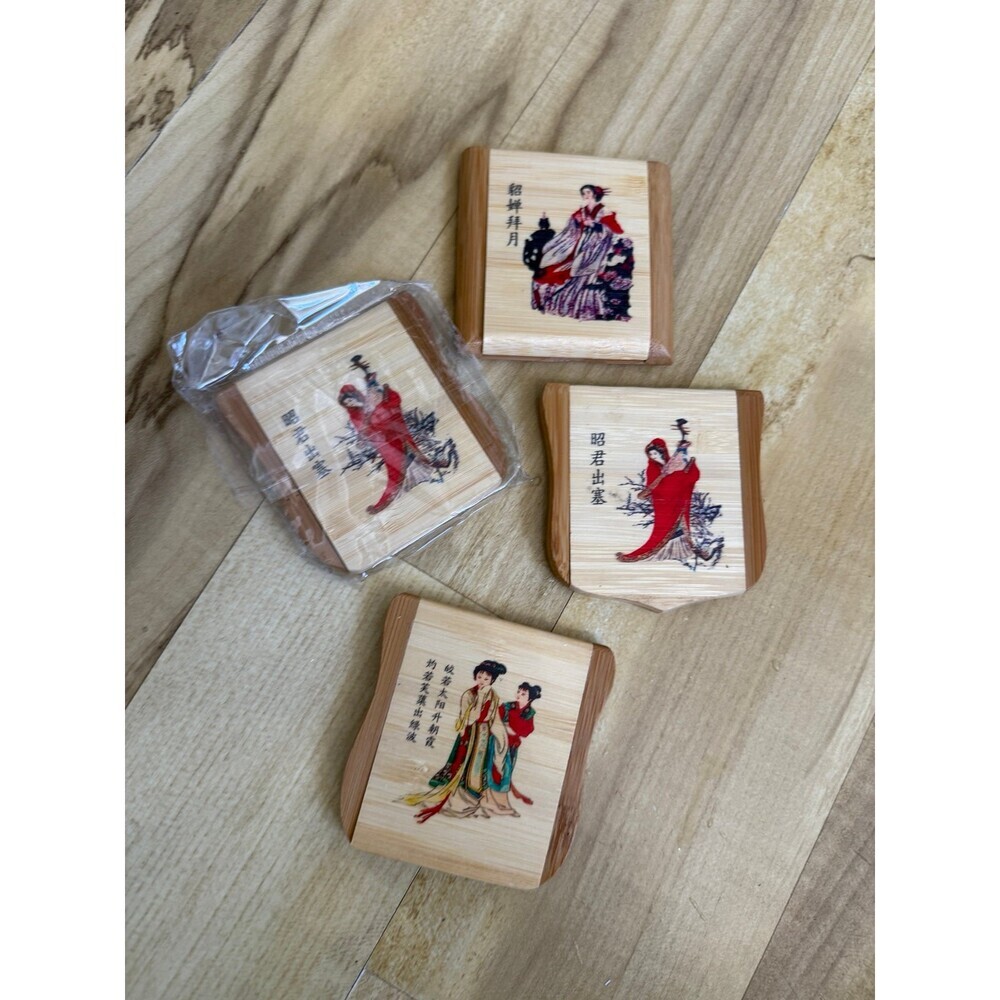 Bamboo Decorative Mirror Set with Asian-Inspired Artwork